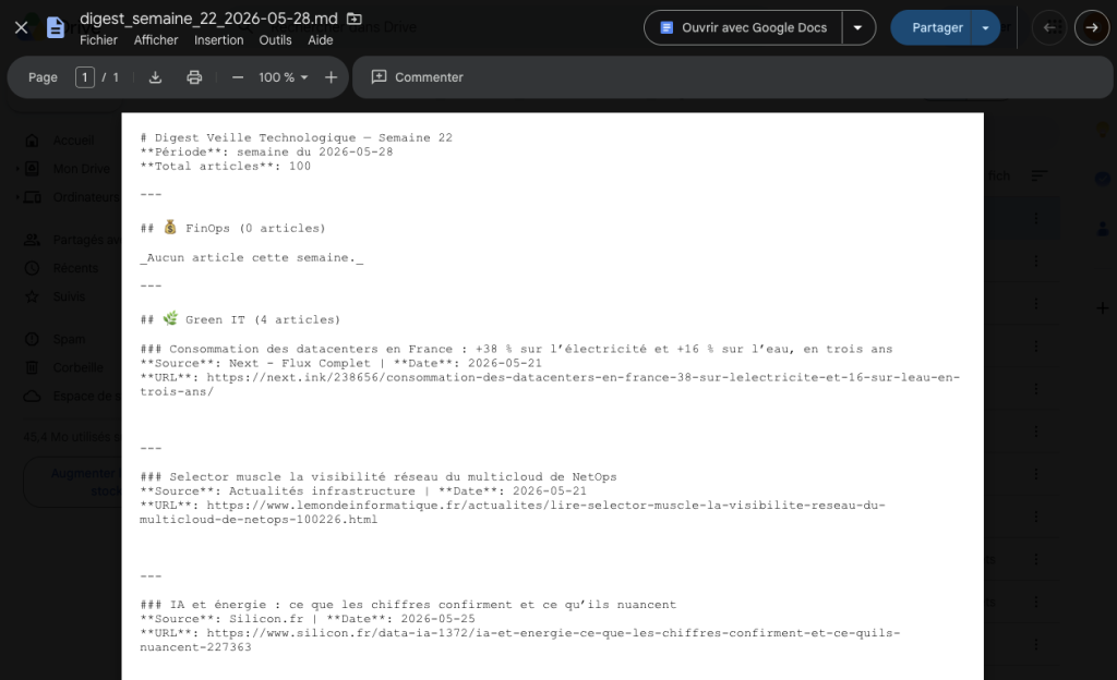 Weekly Digest — automatic summary by topic with article counters