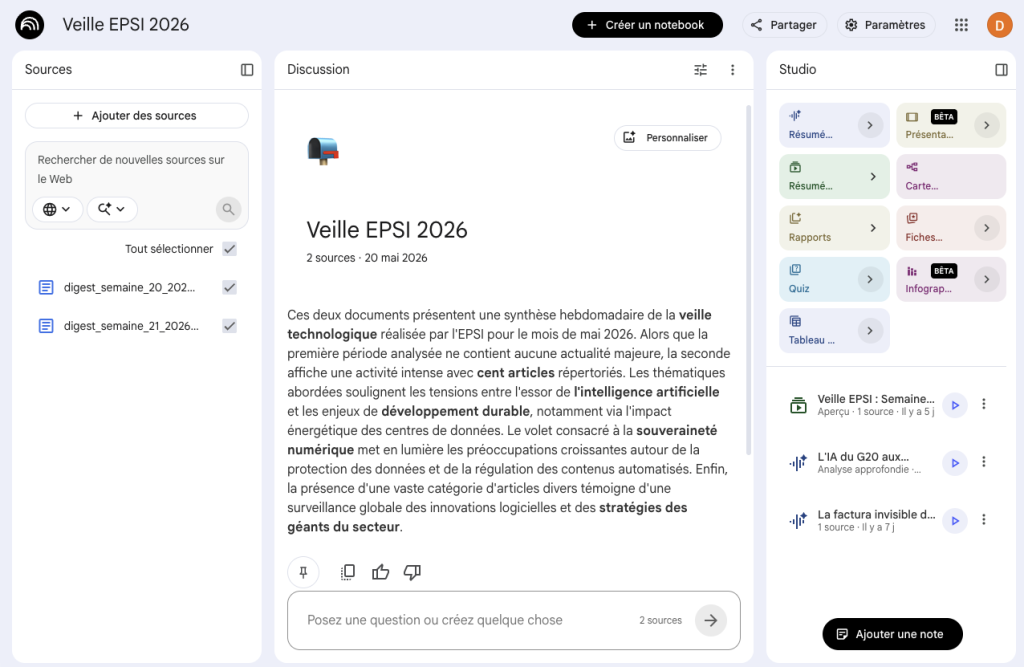 NotebookLM — "Veille EPSI 2026" Notebook with permanent sources + weekly digest
